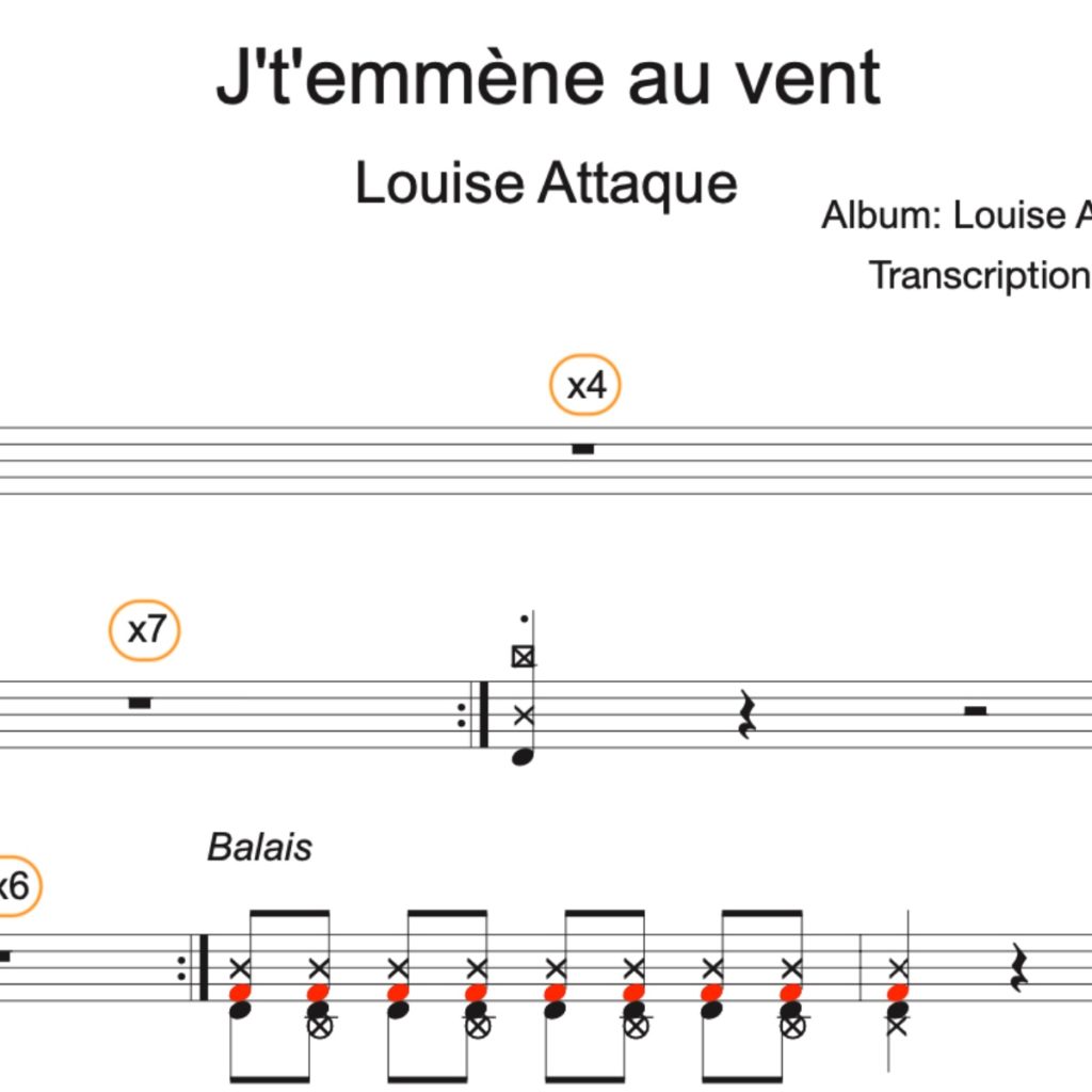 Image produit – J’t’emmène au vent – Louise Attaque – partition batterie