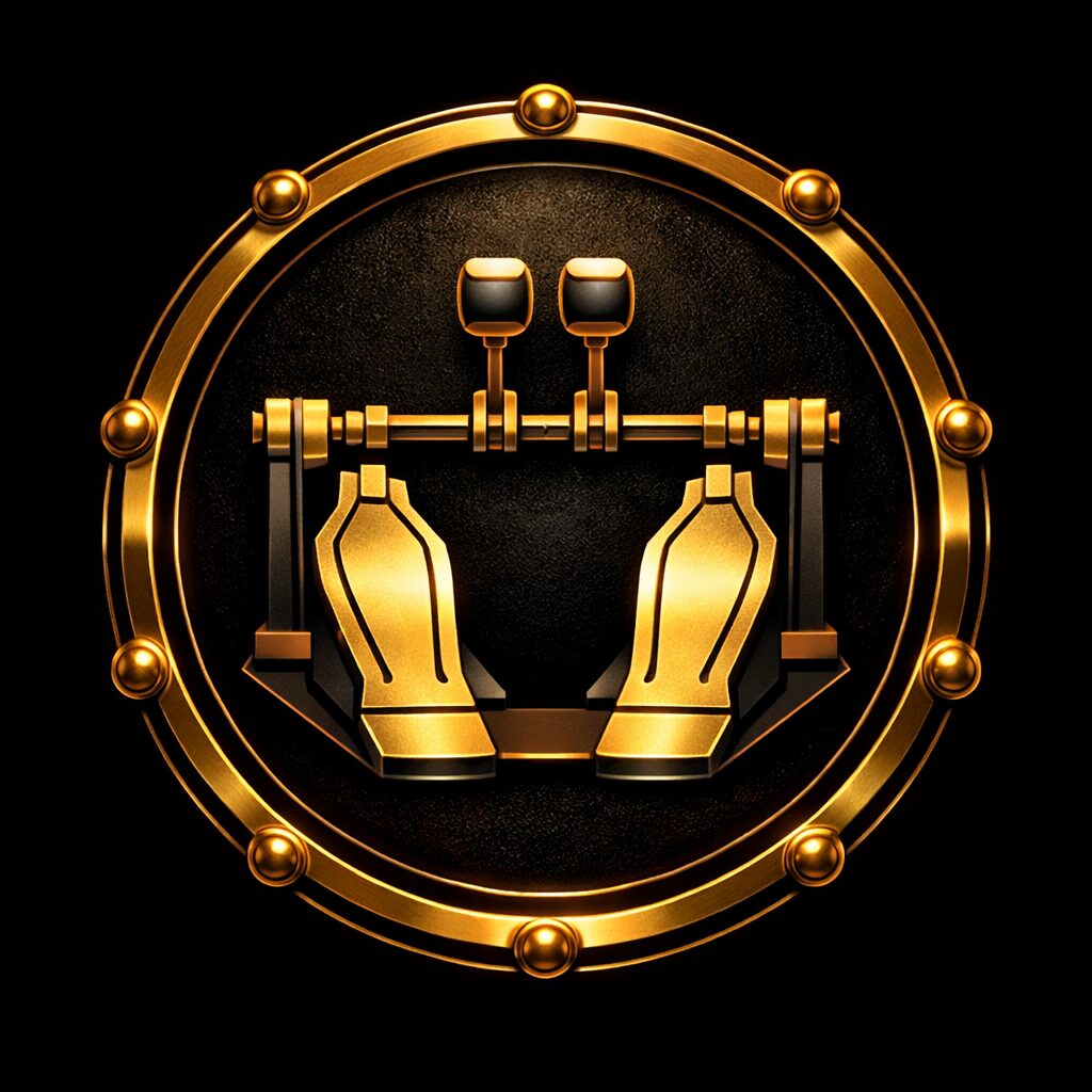 Emblème doré représentant une double pédale de grosse caisse pour le pack Double Pédale de La DrumBox